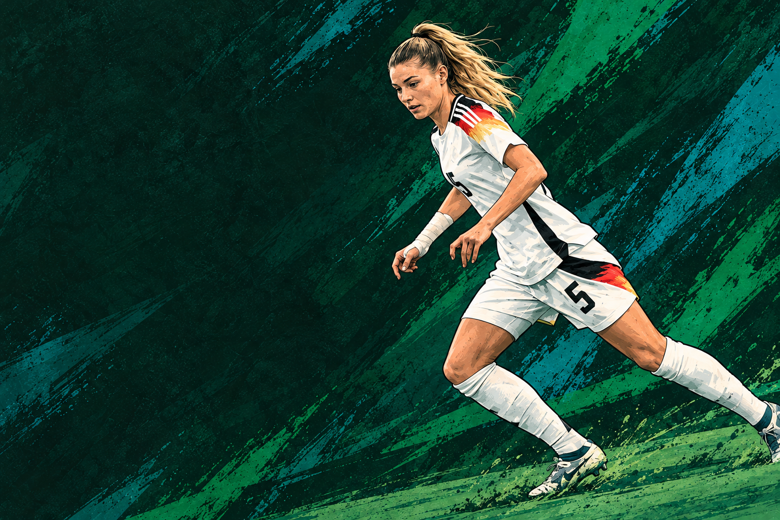 Graphic-Novel-Illustration von Julia Landenberger in Bewegung im Trikot der deutschen U23-Nationalmannschaft