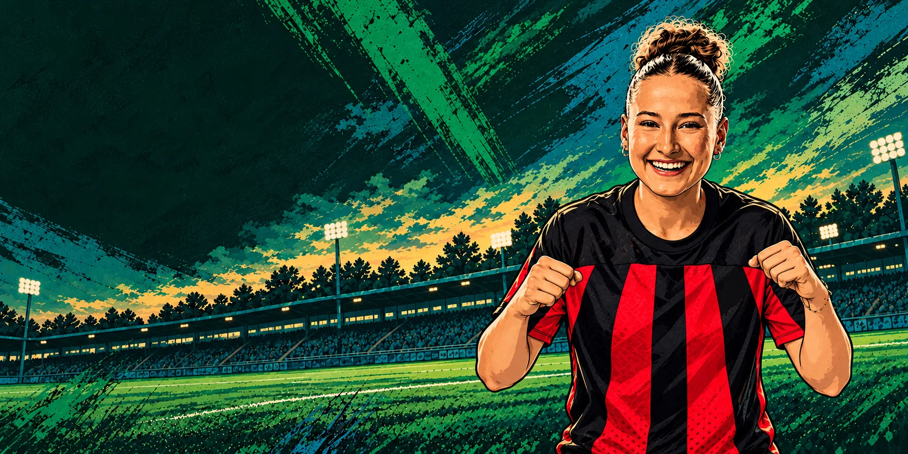 Graphic-Novel-Illustration von Sana Coşkun im Leverkusen-Trikot am Fußballplatz