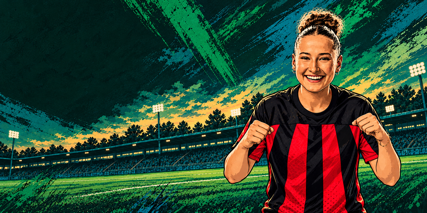 Graphic-Novel-Illustration von Sana Coşkun im Leverkusen-Trikot am Fußballplatz