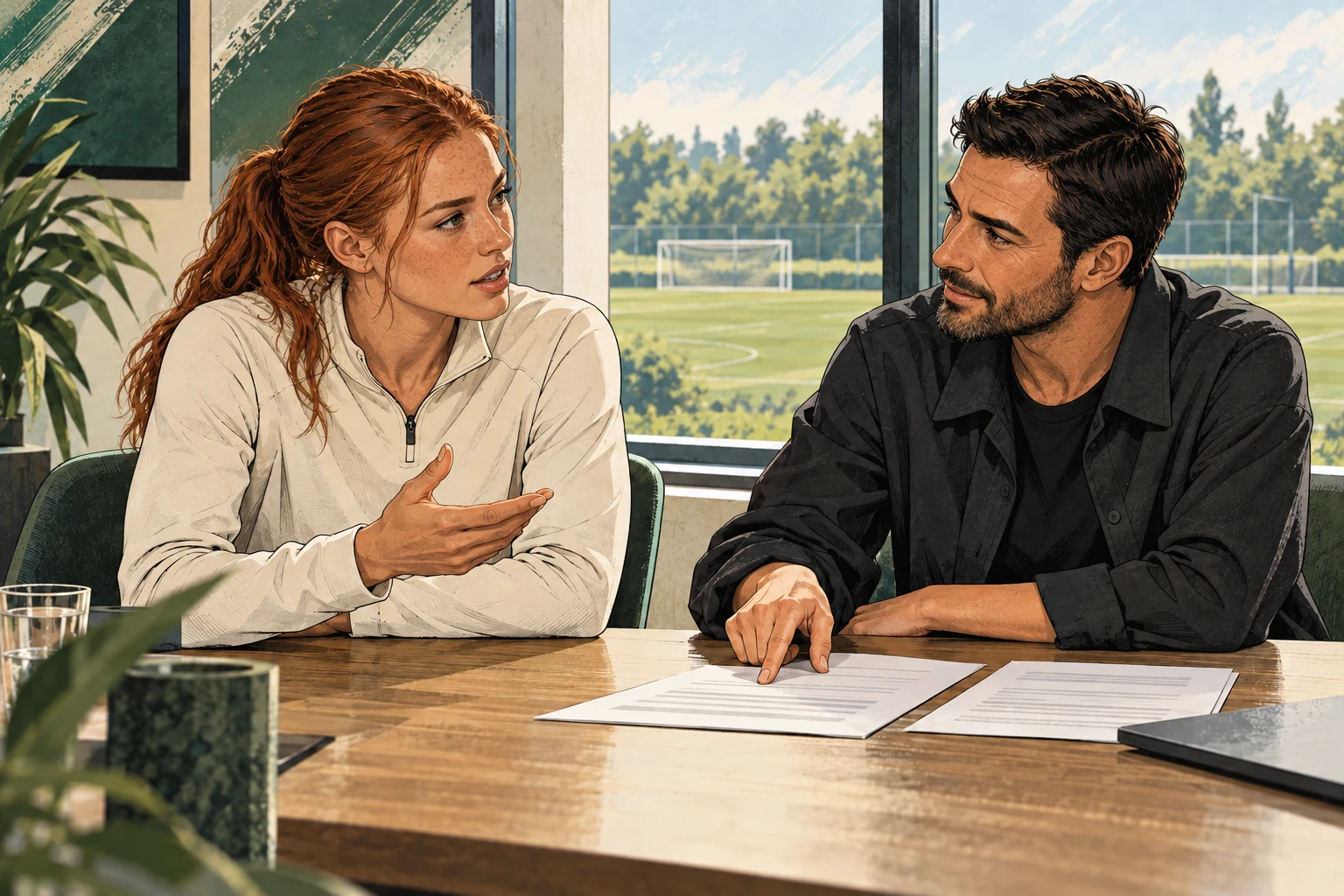 Fiktive Spielerin und männlicher Berater besprechen Unterlagen an einem Tisch, als Graphic-Novel-Illustration