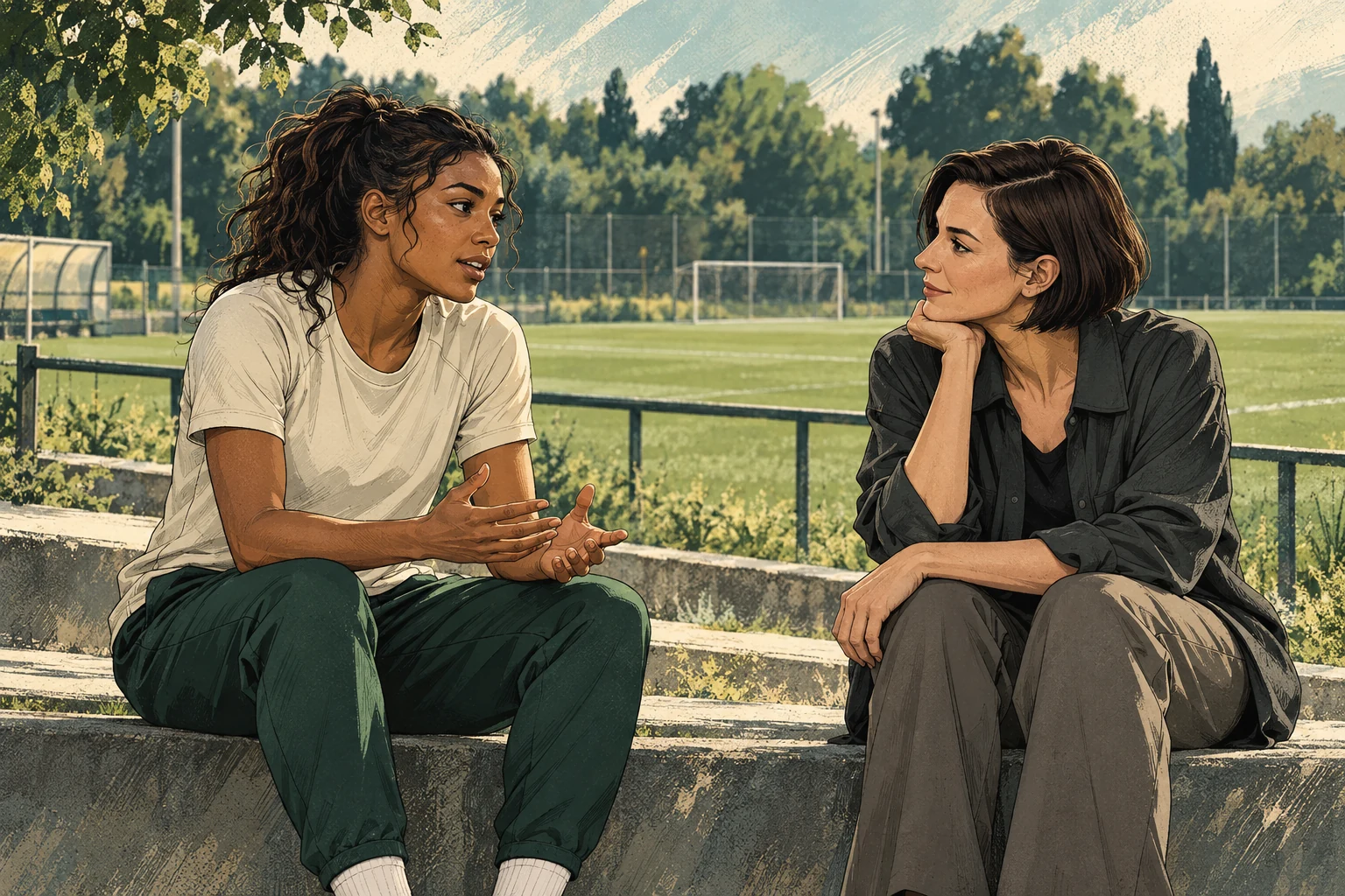 Fiktive Spielerin und Beraterin im persönlichen Austausch am Spielfeldrand, als Graphic-Novel-Illustration